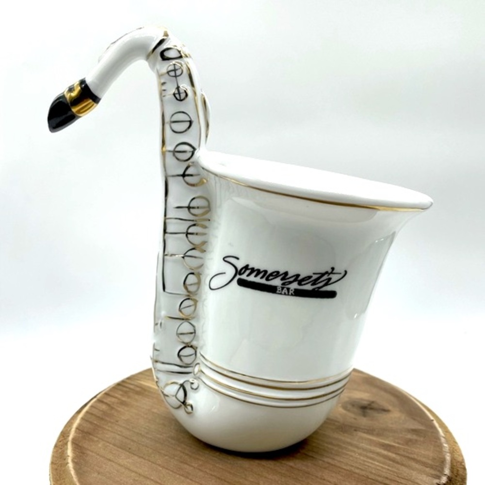 Vintage Swan Handle Saxophone White & Gold Ceramic Mug